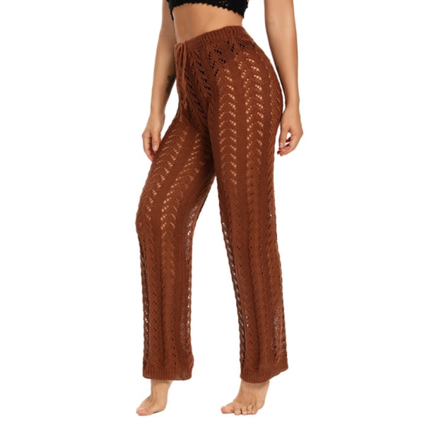 YJ Womens Crochet Hollow Beach Pants Pure Color Casual Elegant Waist Drawstring Swimsuit Cover Up Pants Brown XL