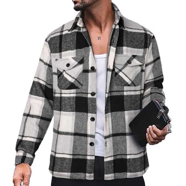 Men Long Sleeve Plaid Shirt Jacket Casual Fashionable Turn Down Collar Button Up Shacket with Pocket Gray L