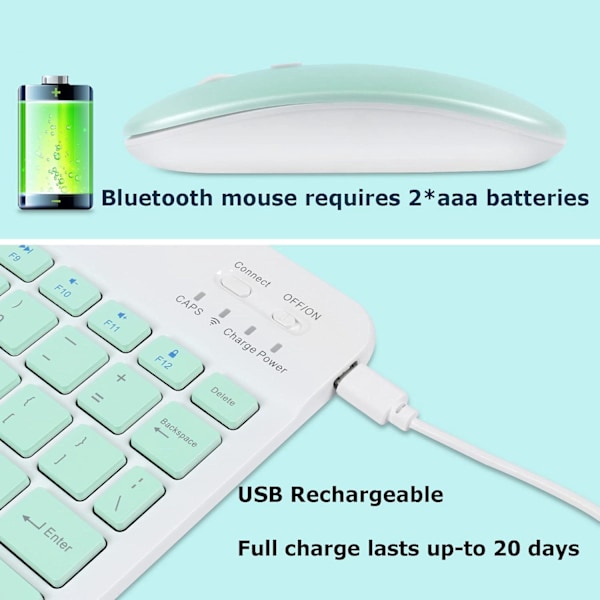 Bluetooth Trådlöst Tangentbord och Mus Combo, Ultratunn Ergonomisk Liten Uppladdningsbar Bluetooth Tangentbord Mus Set för Apple iPad iPhone green