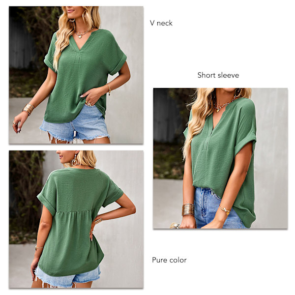 YJ V-hals kortærmet top til kvinder løs afslappet elegant ensfarvet T-shirt bluse til kontorarbejde dating grøn XL