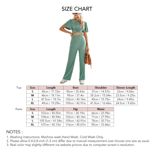 YJ Dam 2-delad outfit i ren färg, virkad, casual, trendig, kortärmad, rundhalsad topp, hög midja, byxor, ärtgrön, L