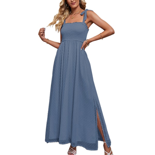 YJ Dot Smocked Long Sun Dress Pure Color Bow Shoulder Strap Square Neck Side Split Maxi Dress for Birthday Purplish Blue M