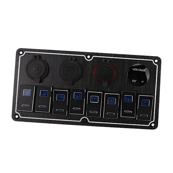 8-gang vippebryterpanel 12-24V med 2 blå LED-lys og DIY-klistremerker, 5-polet vanntett for biler, bobiler, yachter, skip