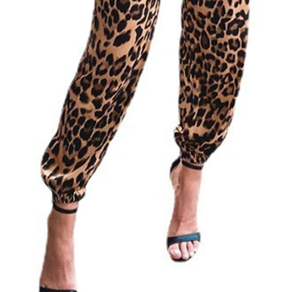 Kvinnors leopardmönstrade joggingbyxor med elastisk midja och knutna anklar, lediga sportlånga byxor med fickor för utomhuslöpning, bruna, S