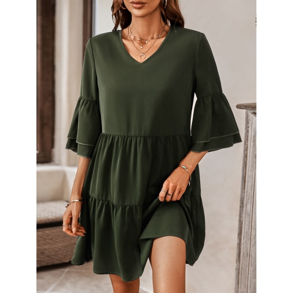 Ruffle kjole V-hals ren farve moderigtig syning elegant casual fit kort kvinder ruffle kjole til dating mørkegrøn S