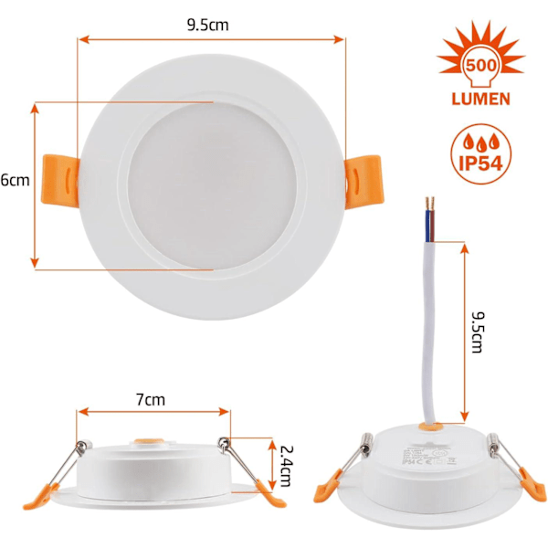 Sæt af 6 Slimline 5W LED Downlights, Indbyggede Loftlamper, 4000k Spotlight, IP54 Klassificeret til Badeværelse Stue Køkken Soveværelse