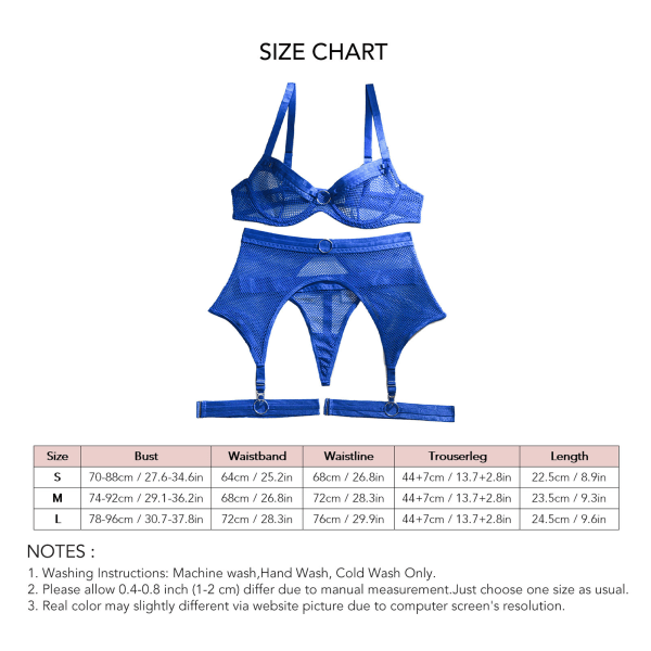 3-osainen alusvaatesetti, erogenous, kuuma, hengittävä, läpinäkyvä alusvaatesetti häämatkalle, ystävänpäivälle, vuosipäivälle, sininen, L