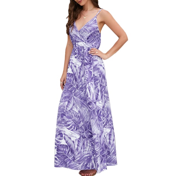YJ Womens Slip Dress Bohemian Style Spaghetti Strap V Neck High Waist Flower Prints Maxi Dress for Party Wedding Travel Purple L