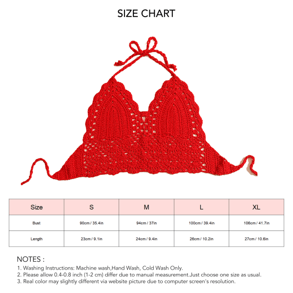 YJ Hæklet BH Top Knyttet V-hals Blød Slank Hullet Ud Fashion Halterneck Strik Bikini Top til Kvinder Rød L
