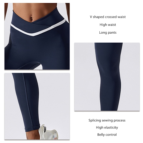 YJ Hög midja yogabyxor kvinnor sport stretch mage kontroll höftlyft tränings leggings för fitness löpning blå L