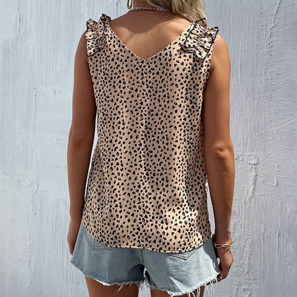 YJ Sommer Tank Top V-hals Leopard Print Erotisk Fashionabel Polyester Ærmeløs Casual Dame Tank Top til Dating Khaki L