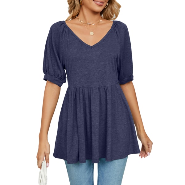 YJ Løs Ruffle Hem Blouse Top V Hals Puff Korte Ærmer Kvinder T Shirt Top til Forår Sommer Navy Blue XXL