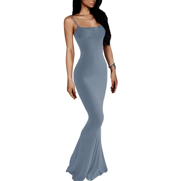 YJ Women Lounge Spaghetti Strap Maxi Dress Elegant Pure Color Sleeveless Bodycon Dress for Beach Party Gray Blue XXS