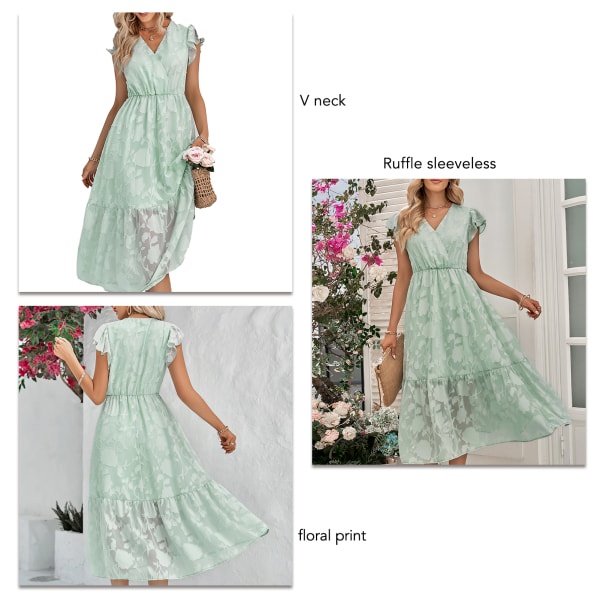 Elegant långklänning med V-ringning och volang, blommigt mönster, knälång, ljusgrön, XL