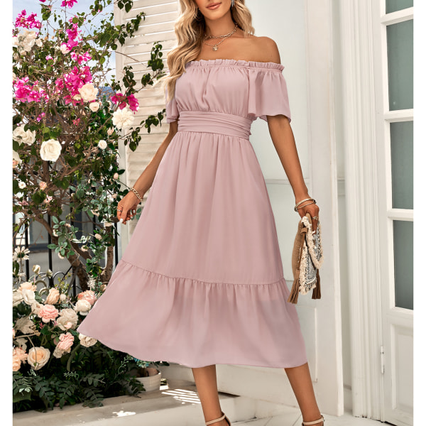 Axellång kjolklänning med volangkant, rynkad midja, enfärgad, stängning i midjan, fräsch klädsel, blek lila, XL