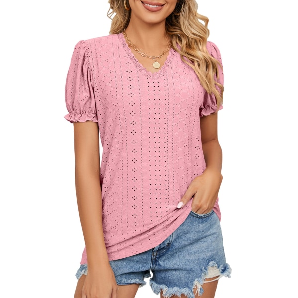 YJ Dame T-shirt med korte ærmer, blondekant, V-hals, prikket hul, ensfarvet, pullover til forår og sommer, pink, XL