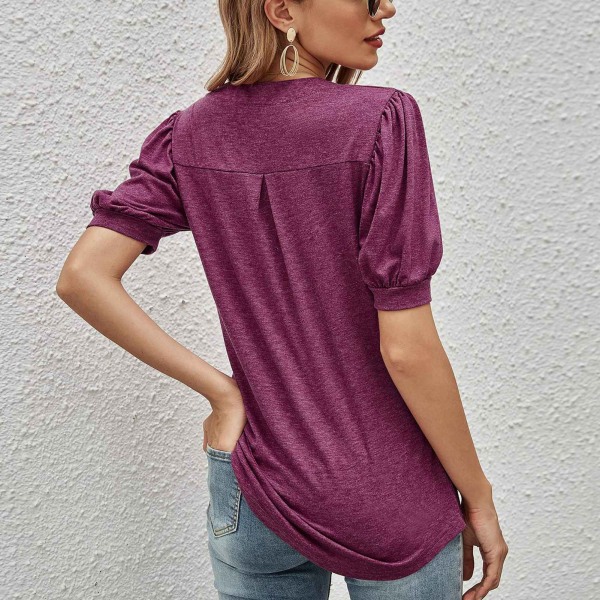 YJ Puffärm Blus V-ringning Fashionabel Enfärgad Stilren Dam Casual Fit Topp för Dejting Lila XXL