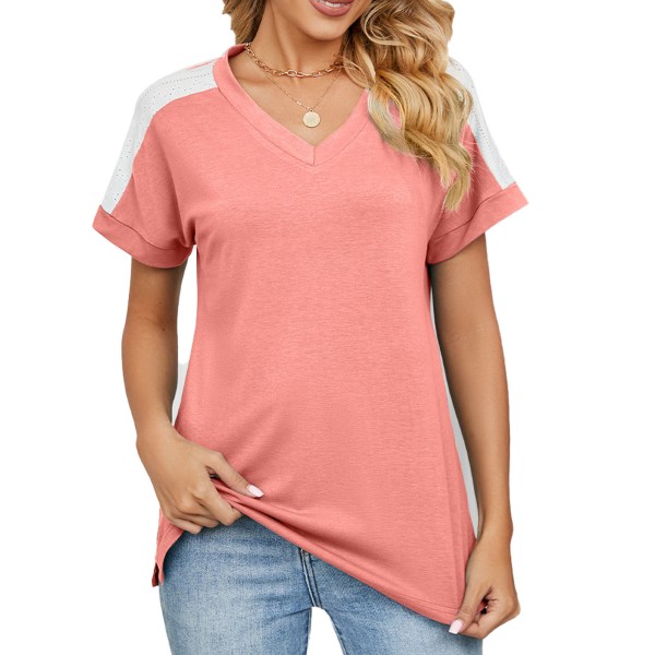 YJ Dame T-shirt V-hals Kortærmet Komfortabel Top Åndbar Tee til Fest Kontor Pink L