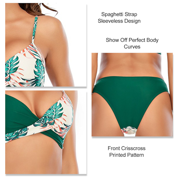 YJ Spaghetti Strap Bikini Badkläder Mjuk Slim Elastisk Fashion Tryckt Fram Crisscross 2 Delar Baddräkt Grön XXXL