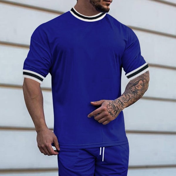 YJ Sommer Crewneck T-Shirt Mænd Fashionable Casual Ren Farve Kortærmet Top Shrt til Fitness Royalblue M