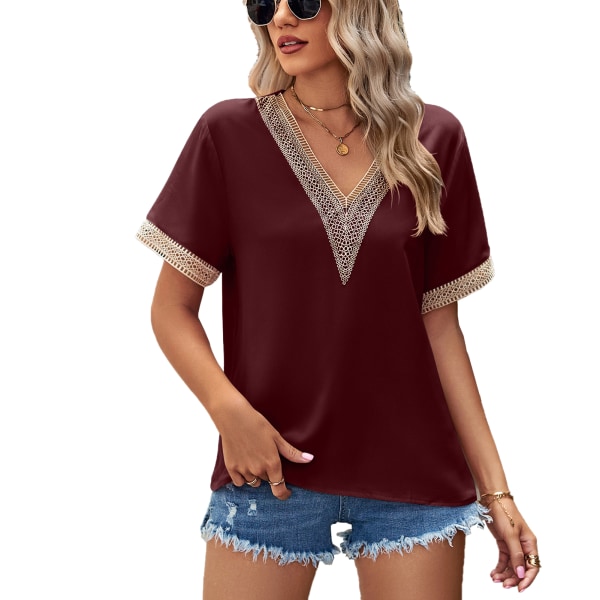 YJ V Neck Chiffon Shirt Gold Lace Patchwork Pure Color Short Sleeve Chiffon Blouse for Women Wine Red XXL