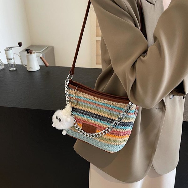 Fargerike stråvesker for kvinner, vevde vår- og sommer vesker, strandvesker, mote messenger-vesker, reise casual vesker khaki khaki
