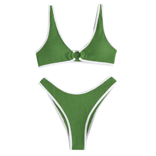 Kvinde Bikini Sæt Åndbar Elastisk V-hals Farveblokering Todelt Bikini Badetøj Sæt Grøn S