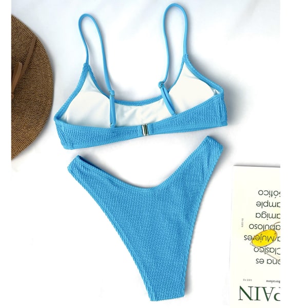 Kvinnors baddräkt tvådelad hög skuren spaghettiband ren färg stretchig plisserad bikini baddräkt blå S