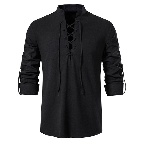 Mænds snøreskjorte med stand-up krave, V-hals, lange ærmer, afslappet vintagefarvet pullover T-shirt, sort M