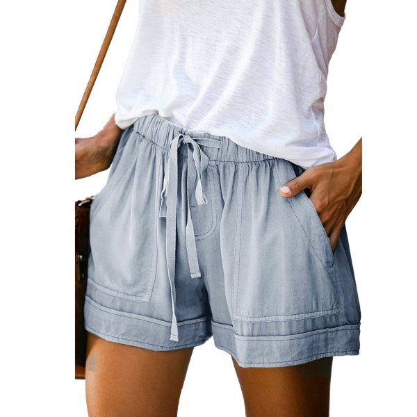 YJ Women Summer Shorts Elastic Waist Drawstring Closure Medium Waist Casual Style Shorts with Side Pockets Light Blue XL