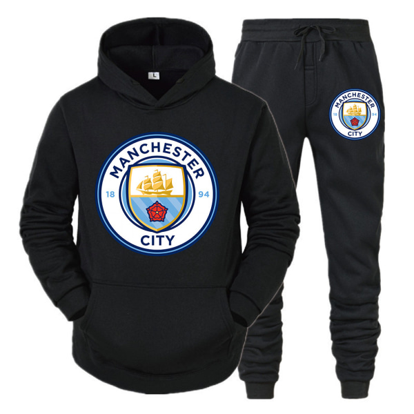 Manchester City huvtröja nytt lagtryck för män fritids sweatshirt träningsbyxor i två delar plus fleecejacka svart S