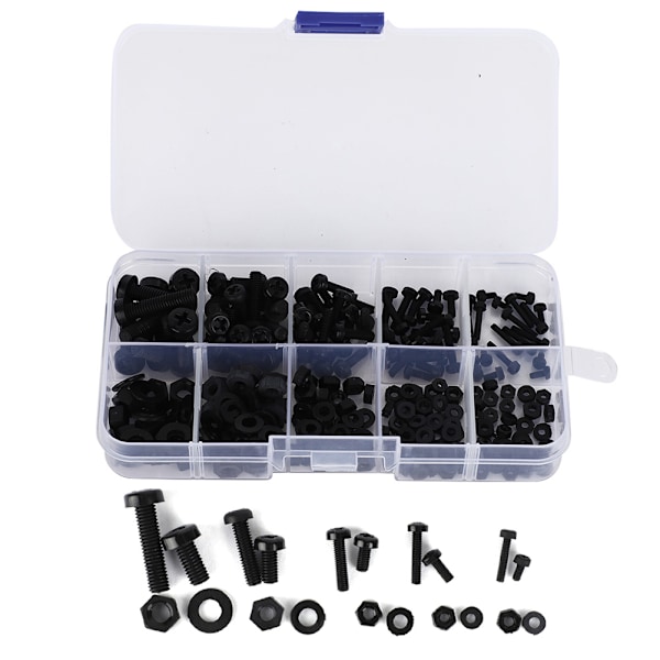 Sortert Nylon Skruemutter Skive Sortiment Kit - 270 stk/eske