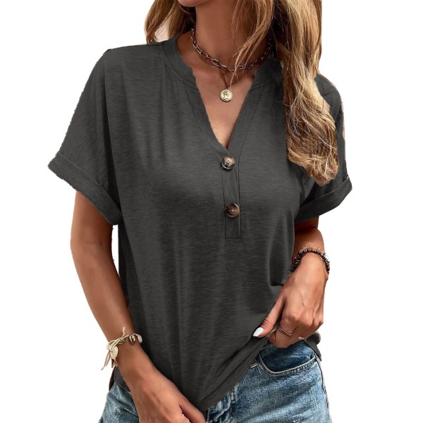 YJ Button Short Sleeve Top V Neck Drop Shoulder Loose Casual Soft Women Button Summer T Shirt Dark Gray L