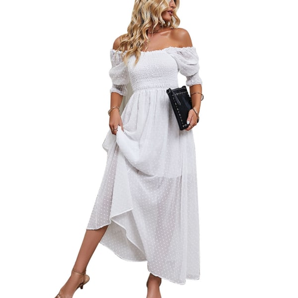 YJ Women Long Dress Deep V Back Puff Sleeves Off Shoulder Pure Color Dress for Daily Wear White S