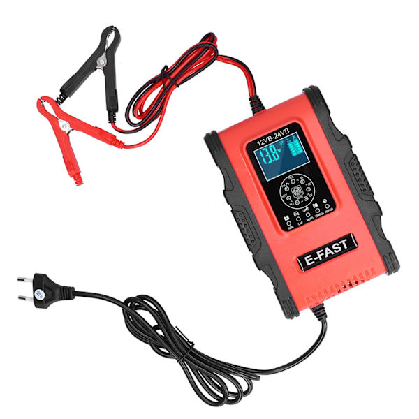 Smart batterioplader 12V/12A 24V/6A 7-trins Opladningspulsreparation til bil Motorcykelbåd Rød Sort EU-stik 100-240V