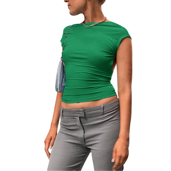 Ryggløs T-skjorte for kvinner, ren farge, myk, hudvennlig, pustende, fasjonabel T-skjorte for jubileum, grønn, L