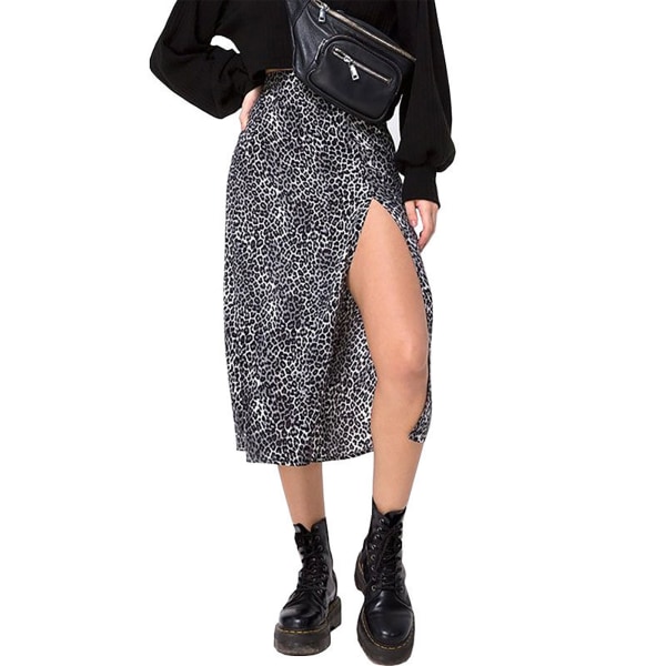 YJ Split A Line Skirt High Waist Elastic Soft Stylish Elegant Leopard Print Split Skirt for Daily Leopard Black N