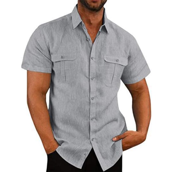YJ Men Button Down Shirt Short Sleeve Double Pocket Pure Color Breathable Men's Casual Shirt for Daily Work Party Grey XL