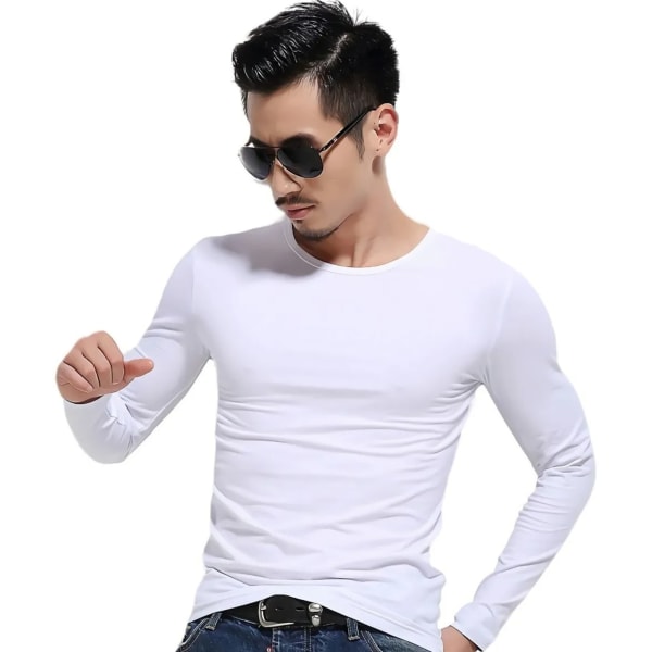 YJ Men Long Sleeve T Shirt Fashionable Classic Pure Color Men Crew Neck Shirts for Daily Home Office Work Outing White L