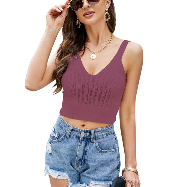 Women Knited Tank Top Deep V Neck Short Type Pure Color Slim Fitted Summer Sleeveless Vest Purple Pink S