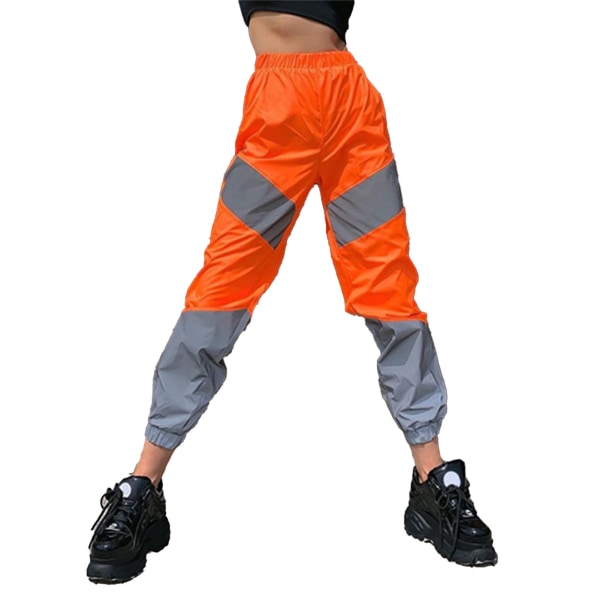 Women Sports Pants Reflective Splicing Color Contrasting Elastic Medium Waist Casual Long Pants Orange L