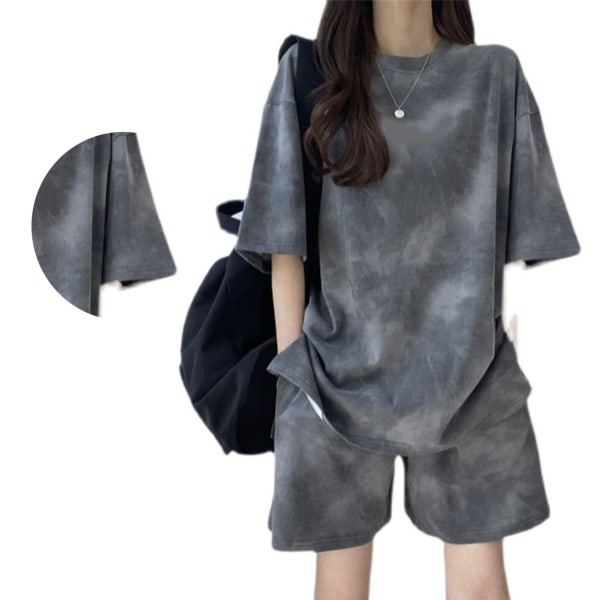 Sportsklær for kvinner, sett med kort ermet topp og knelange shorts, stilig tie dye, sommerlig treningstøysett, grå, XL