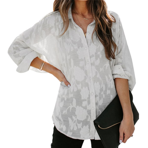 Womens Button Up Blouse Long Sleeve Turn Down Collar Flower Pattern Women Button Shirt for Street Party Office White M