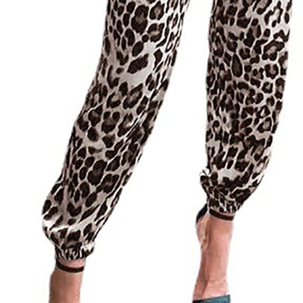 Kvinnors leopardmönstrade joggingbyxor med elastisk midja och knutna anklar, lediga sportbyxor med fickor för utomhuslöpning, khaki, 3XL