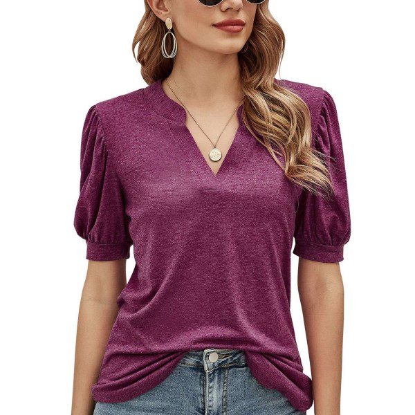 YJ Puff Sleeve Blouse V Neck Fashionable Pure Color Stylish Women Casual Fit Top for Dating Purple XXL