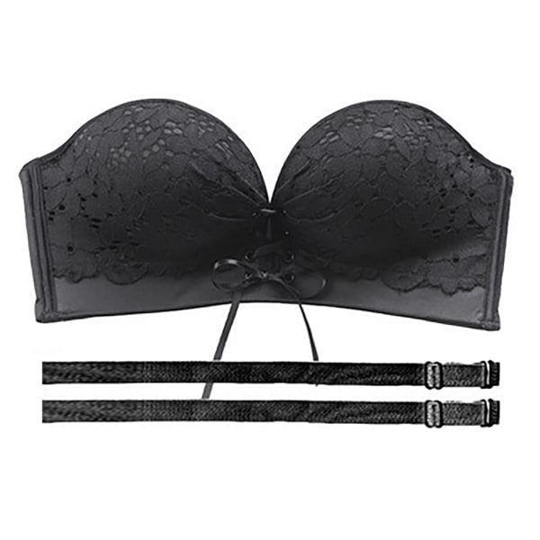 Strapless Push Up Bra AB Cup Invisible Thickening Lightweight Breathable Lace Strapless Bra for Women Female Black 32/70