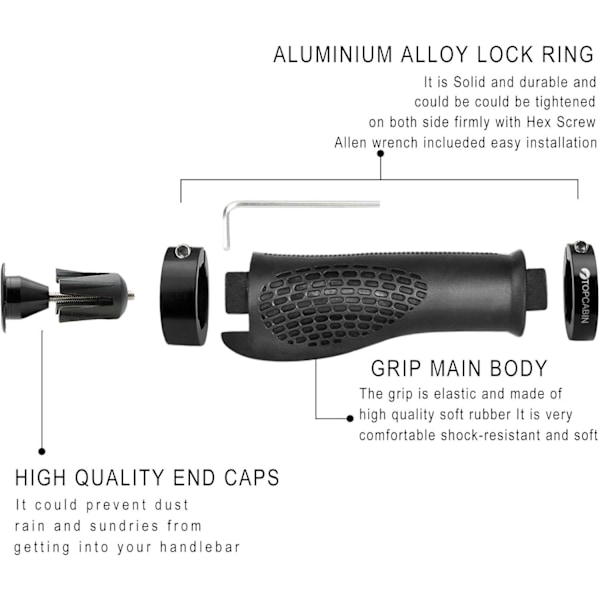 Sykkelstyre, ergonomisk design sykkelstyre utvidet gummisykkelstyre med aluminiumslegering låsegrep black