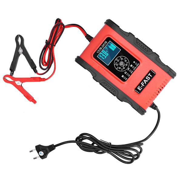 Smart batterioplader 12V/12A 24V/6A 7-trins Opladningspulsreparation til bil Motorcykelbåd Rød Sort EU-stik 100-240V