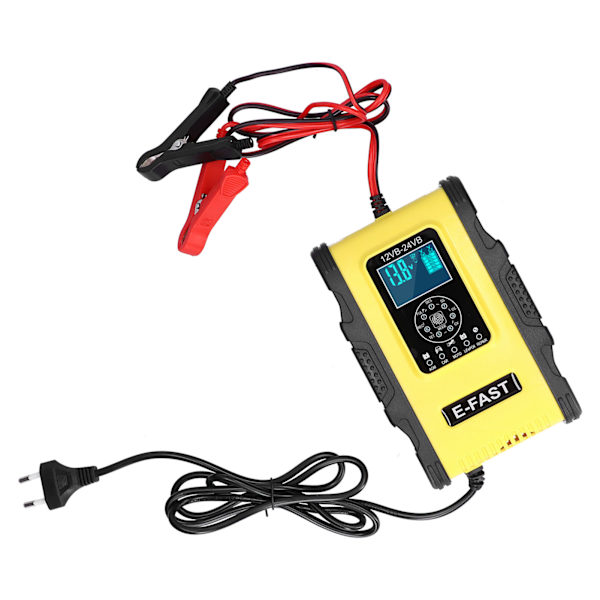 Intelligent batterioplader 12V/12A 24V/6A 7-trins opladningspulsreparation til bilbåd Gul Sort EU-stik 100-240V