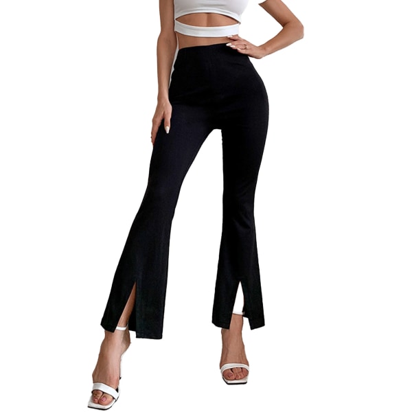 YJ Slit Front Flare Pants High Waist Concealed Zip Silm Fit Elastic Polyester Fiber Flare Leg Pants for Women Black L